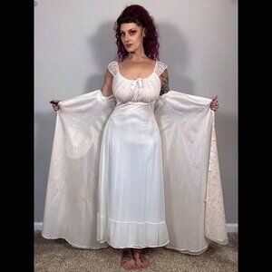 50s RoJene White Pink Floral Lingerie Set 2pcs Gown Robe Wedding Pinup MCM 36 M